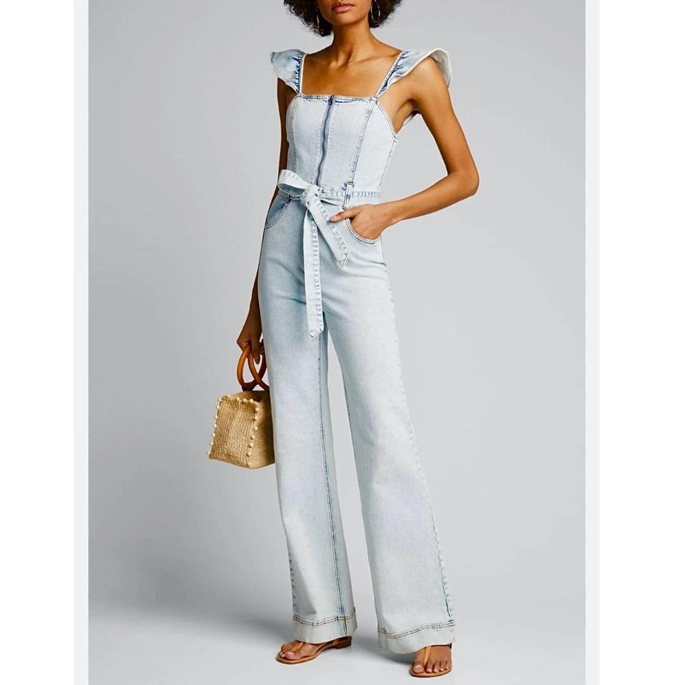 Alice + Olivia Fools Paradise Belted Flare Denim Flutter Slv Jumpsuit Overall 24